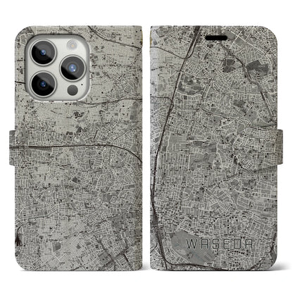 【早稲田2（東京都）】地図柄iPhoneケース（手帳タイプ）モノトーン・iPhone 15 Pro 用