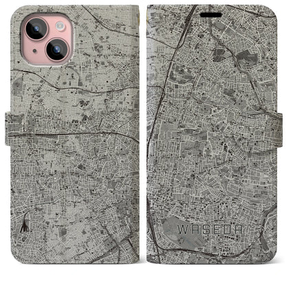 【早稲田2（東京都）】地図柄iPhoneケース（手帳タイプ）モノトーン・iPhone 15 Plus 用