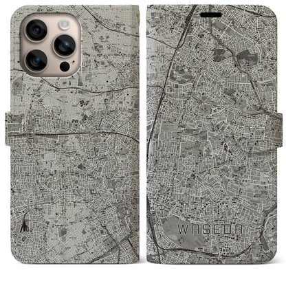 【早稲田2（東京都）】地図柄iPhoneケース（手帳タイプ）モノトーン・iPhone 16 Plus 用