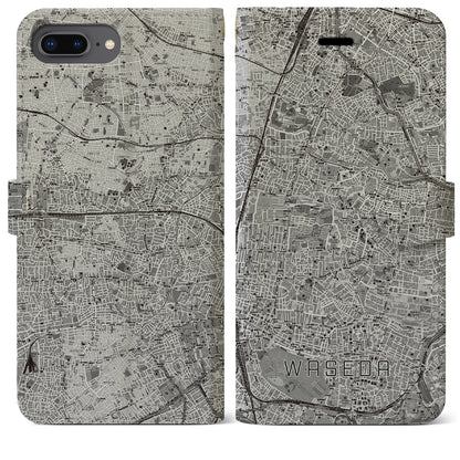 【早稲田2（東京都）】地図柄iPhoneケース（手帳タイプ）モノトーン・iPhone 8Plus /7Plus / 6sPlus / 6Plus 用