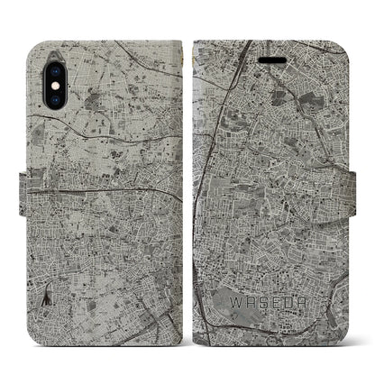 【早稲田2（東京都）】地図柄iPhoneケース（手帳タイプ）モノトーン・iPhone XS / X 用