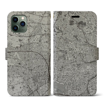 【早稲田（東京都）】地図柄iPhoneケース（手帳タイプ）モノトーン・iPhone 11 Pro 用