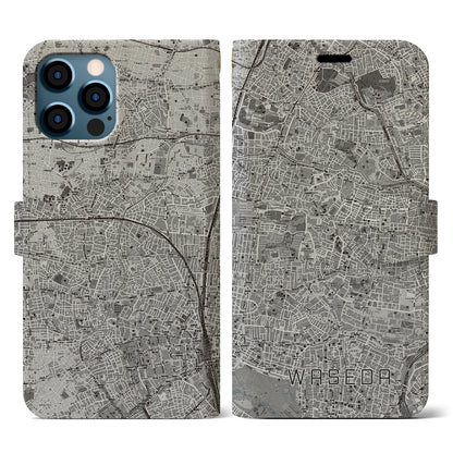 【早稲田（東京都）】地図柄iPhoneケース（手帳タイプ）モノトーン・iPhone 12 / 12 Pro 用