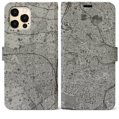 【早稲田（東京都）】地図柄iPhoneケース（手帳タイプ）モノトーン・iPhone 12 Pro Max 用