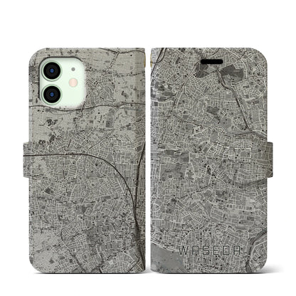 【早稲田（東京都）】地図柄iPhoneケース（手帳タイプ）モノトーン・iPhone 12 mini 用
