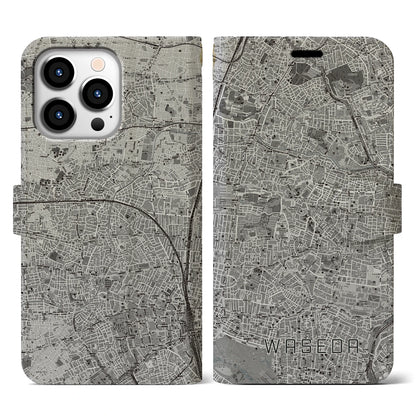 【早稲田（東京都）】地図柄iPhoneケース（手帳タイプ）モノトーン・iPhone 13 Pro 用