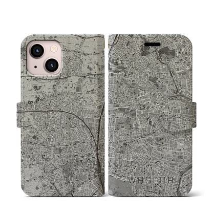 【早稲田（東京都）】地図柄iPhoneケース（手帳タイプ）モノトーン・iPhone 13 mini 用
