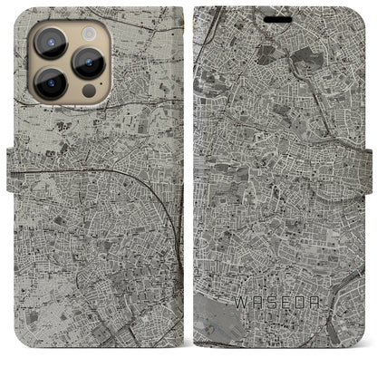 【早稲田（東京都）】地図柄iPhoneケース（手帳タイプ）モノトーン・iPhone 14 Pro Max 用