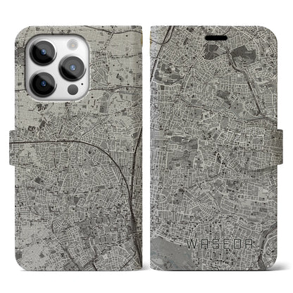 【早稲田（東京都）】地図柄iPhoneケース（手帳タイプ）モノトーン・iPhone 14 Pro 用