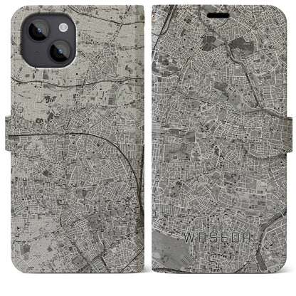 【早稲田（東京都）】地図柄iPhoneケース（手帳タイプ）モノトーン・iPhone 14 Plus 用