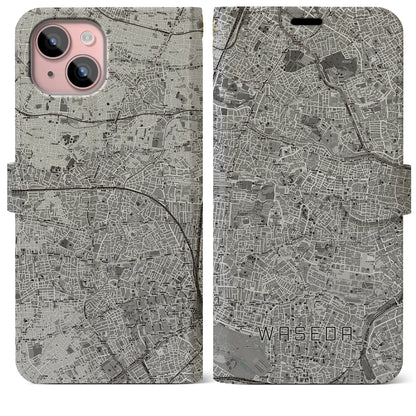 【早稲田（東京都）】地図柄iPhoneケース（手帳タイプ）モノトーン・iPhone 15 Plus 用