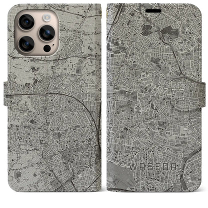 【早稲田（東京都）】地図柄iPhoneケース（手帳タイプ）モノトーン・iPhone 16 Plus 用