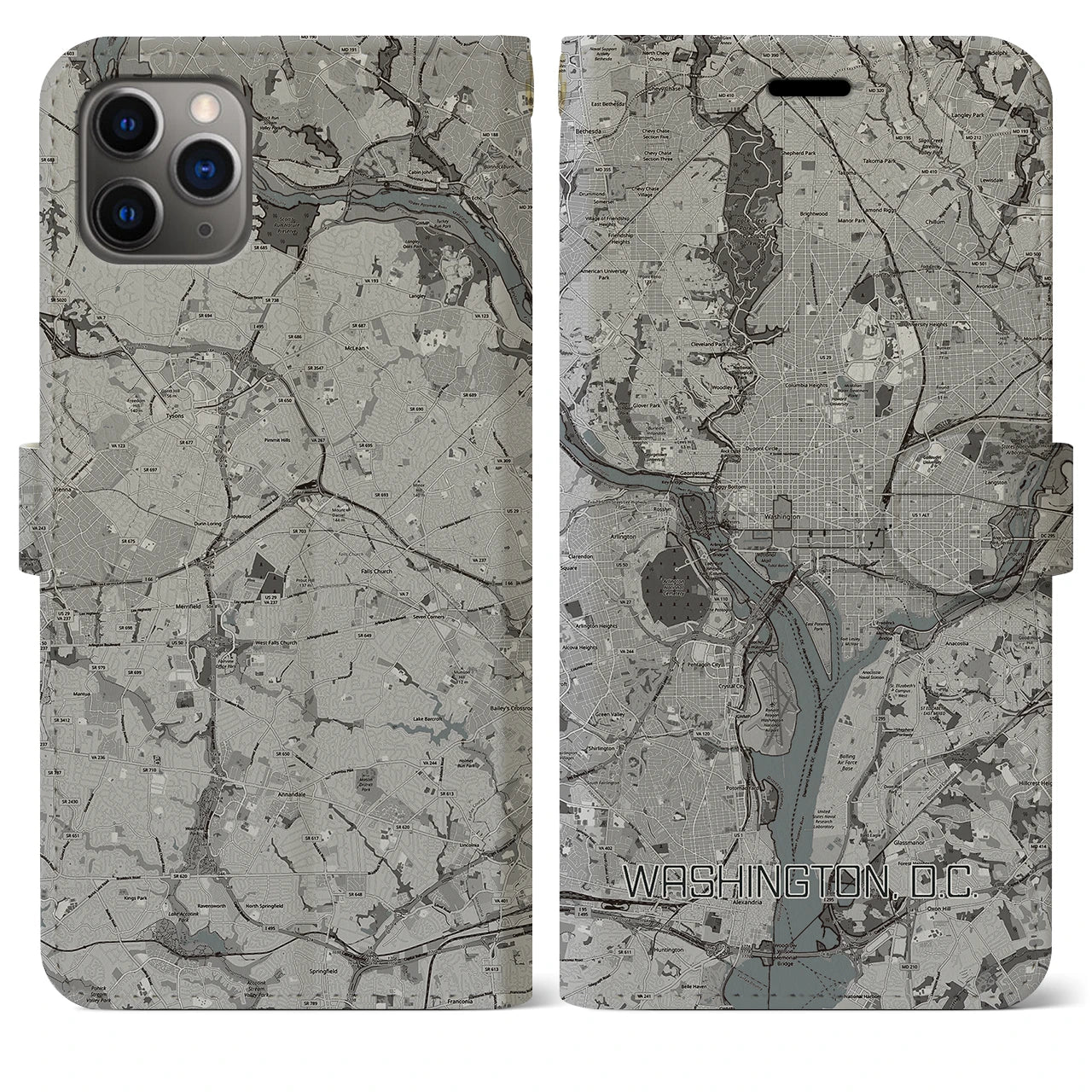 【ワシントンD.C.】地図柄iPhoneケース（手帳両面タイプ・モノトーン）iPhone 11 Pro Max 用