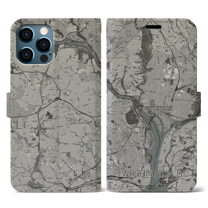 【ワシントンD.C.（アメリカ）】地図柄iPhoneケース（手帳タイプ）モノトーン・iPhone 12 / 12 Pro 用