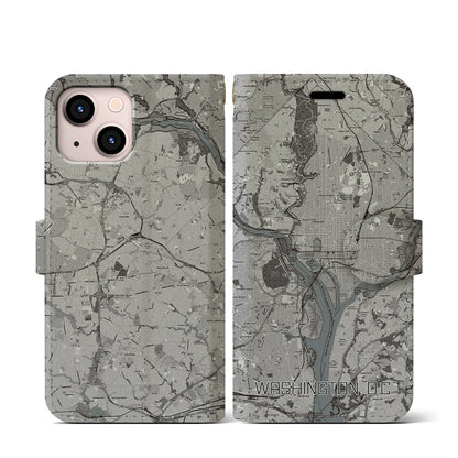 【ワシントンD.C.（アメリカ）】地図柄iPhoneケース（手帳タイプ）モノトーン・iPhone 13 mini 用