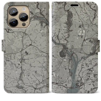 【ワシントンD.C.（アメリカ）】地図柄iPhoneケース（手帳タイプ）モノトーン・iPhone 14 Pro Max 用