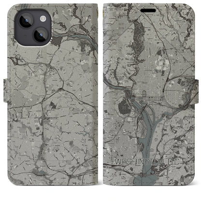 【ワシントンD.C.（アメリカ）】地図柄iPhoneケース（手帳タイプ）モノトーン・iPhone 14 Plus 用