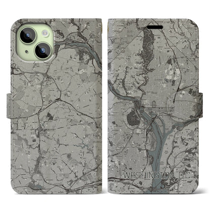 【ワシントンD.C.（アメリカ）】地図柄iPhoneケース（手帳タイプ）モノトーン・iPhone 15 用