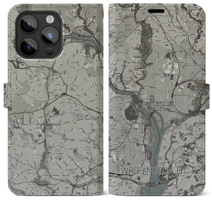 【ワシントンD.C.（アメリカ）】地図柄iPhoneケース（手帳タイプ）モノトーン・iPhone 15 Pro Max 用