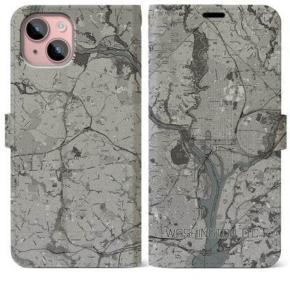 【ワシントンD.C.（アメリカ）】地図柄iPhoneケース（手帳タイプ）モノトーン・iPhone 15 Plus 用