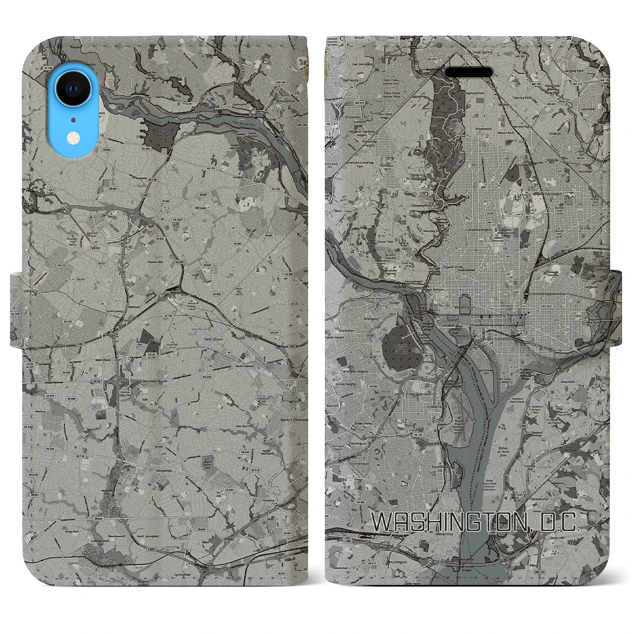 【ワシントンD.C.】地図柄iPhoneケース（手帳両面タイプ・モノトーン）iPhone XR 用