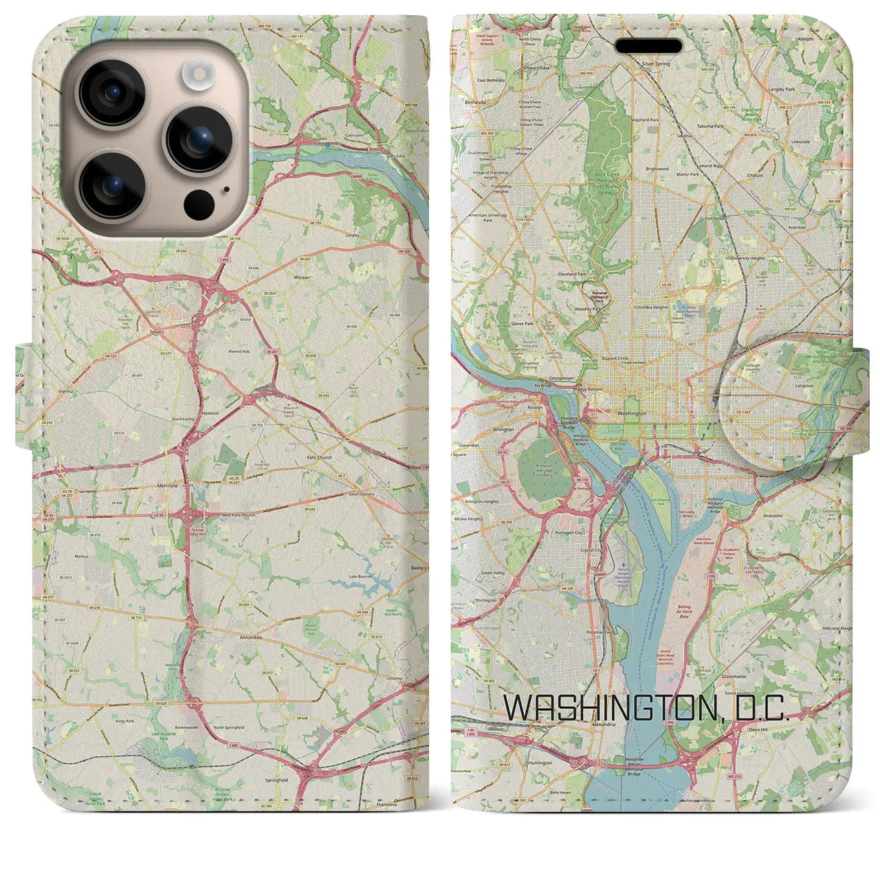 【ワシントンD.C.（アメリカ）】地図柄iPhoneケース（手帳タイプ）ナチュラル・iPhone 16 Plus 用