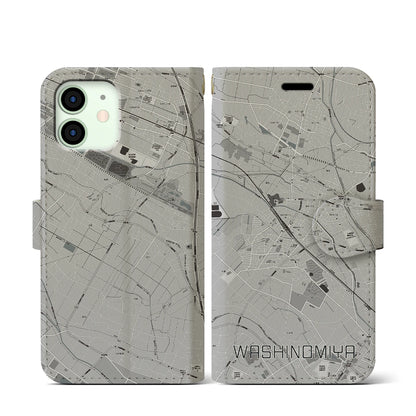 【鷲宮（埼玉県）】地図柄iPhoneケース（手帳タイプ）モノトーン・iPhone 12 mini 用