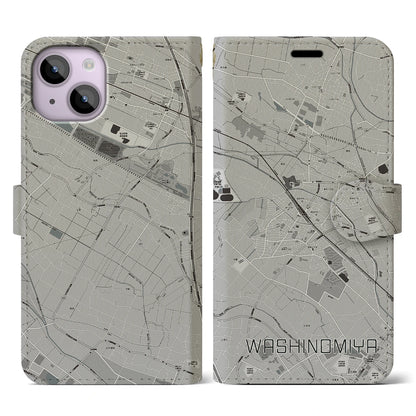 【鷲宮（埼玉県）】地図柄iPhoneケース（手帳タイプ）モノトーン・iPhone 14 用