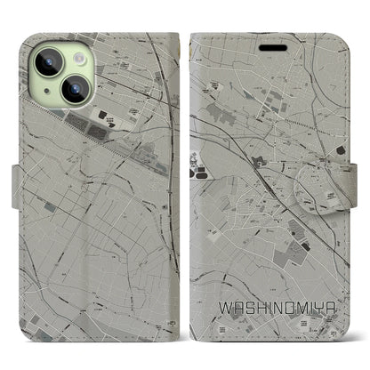 【鷲宮（埼玉県）】地図柄iPhoneケース（手帳タイプ）モノトーン・iPhone 15 用