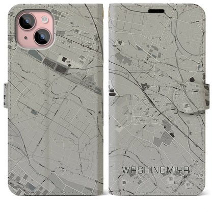 【鷲宮（埼玉県）】地図柄iPhoneケース（手帳タイプ）モノトーン・iPhone 15 Plus 用