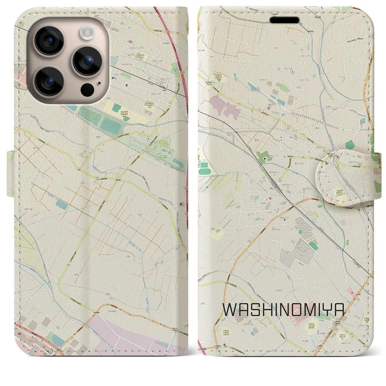 【鷲宮（埼玉県）】地図柄iPhoneケース（手帳タイプ）ナチュラル・iPhone 16 Plus 用