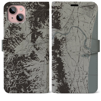 【亘理（宮城県）】地図柄iPhoneケース（手帳タイプ）モノトーン・iPhone 15 Plus 用