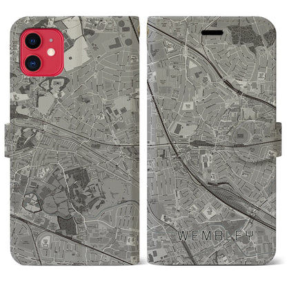 【ウェンブリー（イギリス）】地図柄iPhoneケース（手帳タイプ）モノトーン・iPhone 11 用