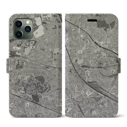【ウェンブリー（イギリス）】地図柄iPhoneケース（手帳タイプ）モノトーン・iPhone 11 Pro 用