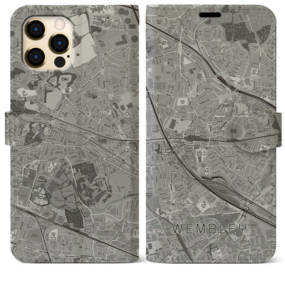 【ウェンブリー（イギリス）】地図柄iPhoneケース（手帳タイプ）モノトーン・iPhone 12 Pro Max 用