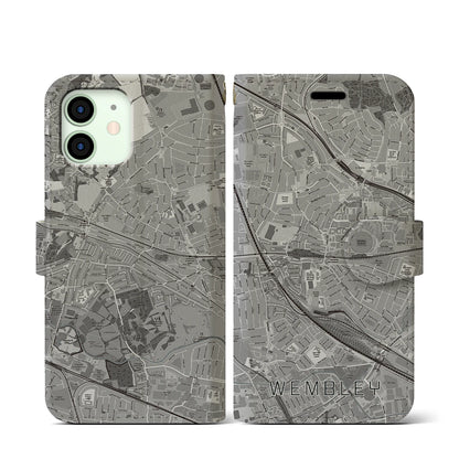 【ウェンブリー（イギリス）】地図柄iPhoneケース（手帳タイプ）モノトーン・iPhone 12 mini 用