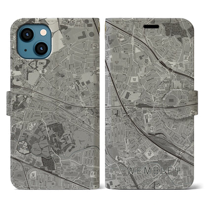 【ウェンブリー（イギリス）】地図柄iPhoneケース（手帳タイプ）モノトーン・iPhone 13 用