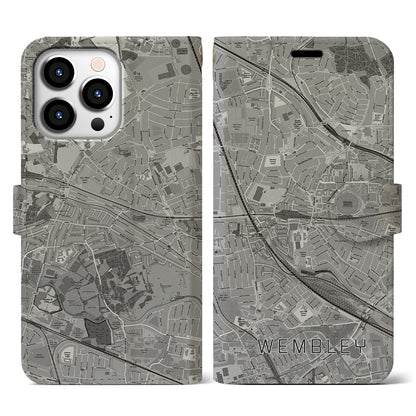 【ウェンブリー（イギリス）】地図柄iPhoneケース（手帳タイプ）モノトーン・iPhone 13 Pro 用