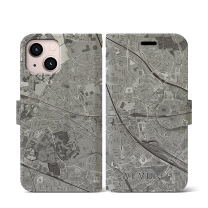 【ウェンブリー（イギリス）】地図柄iPhoneケース（手帳タイプ）モノトーン・iPhone 13 mini 用