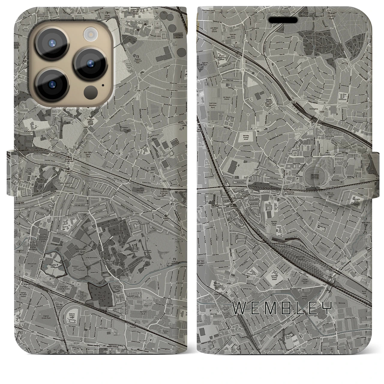 【ウェンブリー】地図柄iPhoneケース（手帳両面タイプ・モノトーン）iPhone 14 Pro Max 用