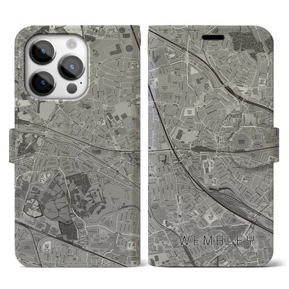 【ウェンブリー（イギリス）】地図柄iPhoneケース（手帳タイプ）モノトーン・iPhone 14 Pro 用