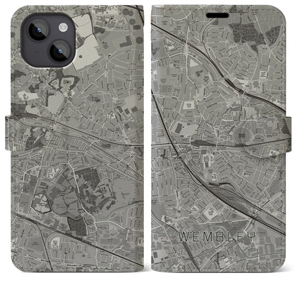 【ウェンブリー（イギリス）】地図柄iPhoneケース（手帳タイプ）モノトーン・iPhone 14 Plus 用