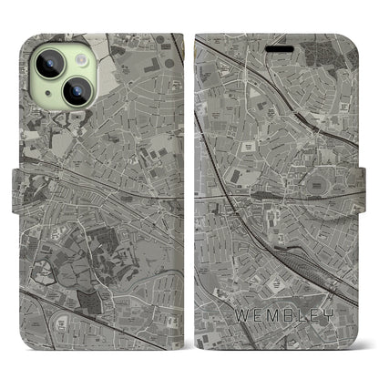 【ウェンブリー（イギリス）】地図柄iPhoneケース（手帳タイプ）モノトーン・iPhone 15 用