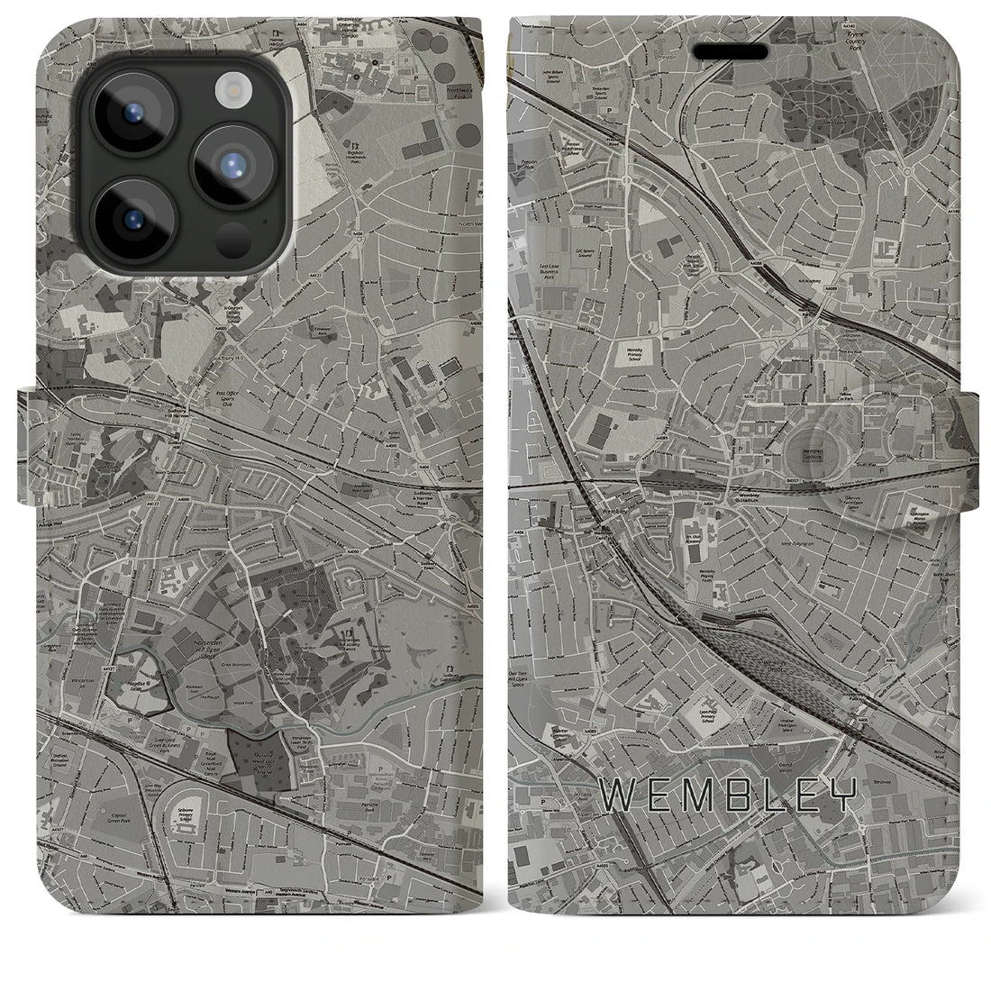 【ウェンブリー】地図柄iPhoneケース（手帳両面タイプ・モノトーン）iPhone 15 Pro Max 用