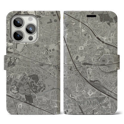【ウェンブリー（イギリス）】地図柄iPhoneケース（手帳タイプ）モノトーン・iPhone 15 Pro 用
