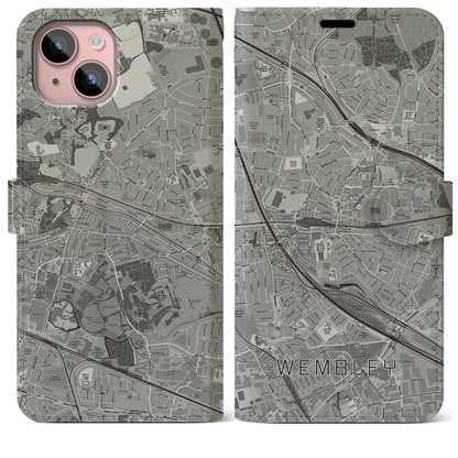 【ウェンブリー（イギリス）】地図柄iPhoneケース（手帳タイプ）モノトーン・iPhone 15 Plus 用