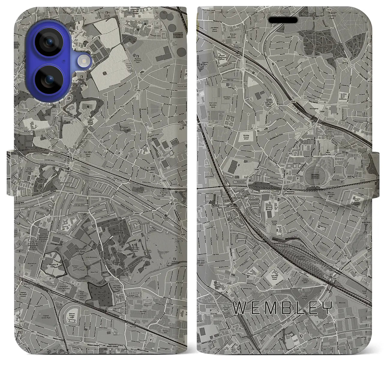 【ウェンブリー（イギリス）】地図柄iPhoneケース（手帳タイプ）モノトーン・iPhone 16 Pro Max 用