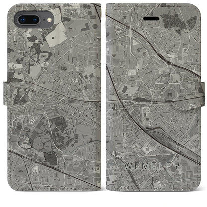 【ウェンブリー（イギリス）】地図柄iPhoneケース（手帳タイプ）モノトーン・iPhone 8Plus /7Plus / 6sPlus / 6Plus 用