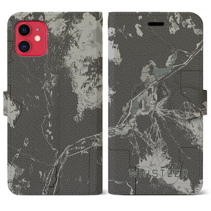 【ウィスラー（カナダ）】地図柄iPhoneケース（手帳タイプ）モノトーン・iPhone 11 用