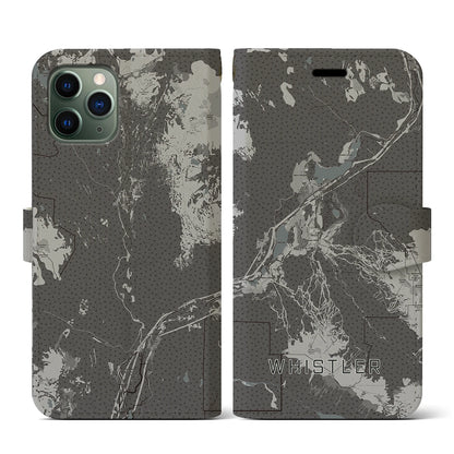 【ウィスラー（カナダ）】地図柄iPhoneケース（手帳タイプ）モノトーン・iPhone 11 Pro 用